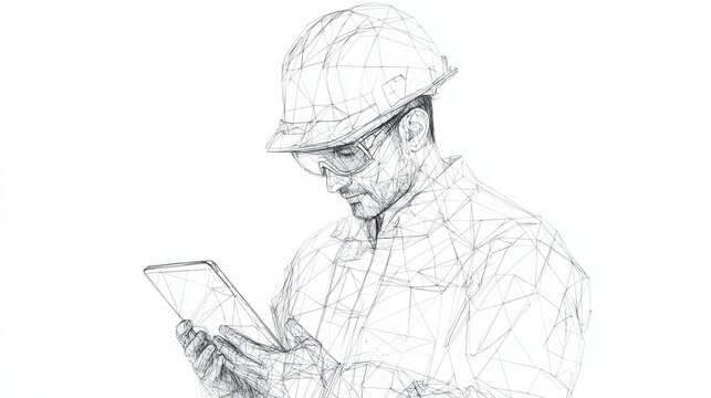Abstract polygonal isolated engineer in technology style on a white background. Industry safety or architecture concept. Worker in white helmet holding tablet. Low poly wireframe vector illustration.