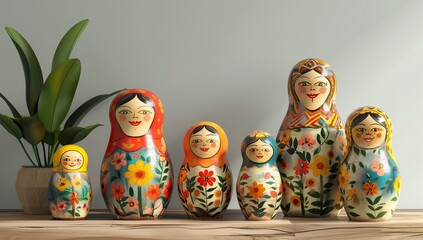 3D rendering of colorful wooden dolls standing next to each other on a table with a gray background.