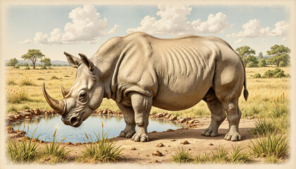 Obraz premium Rhinoceros drinking water by a watering hole in the savanna