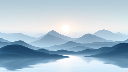 Fototapeta premium serene landscape featuring soft blue mountains and calm lake at sunrise. gentle hues blend seamlessly, creating tranquil atmosphere