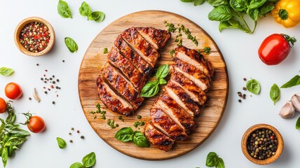 Grilled Chicken Breast Slices on Wooden Board with Herbs and Spices