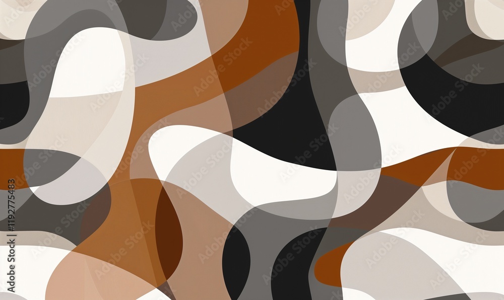 Poster illustration of an abstract background with wavy shapes in various shades of brown, gray, and white,