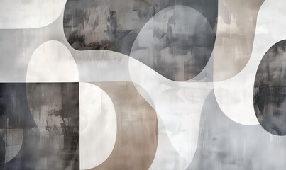 Modern abstract painting, featuring large shapes in gray and white with light brown accents.