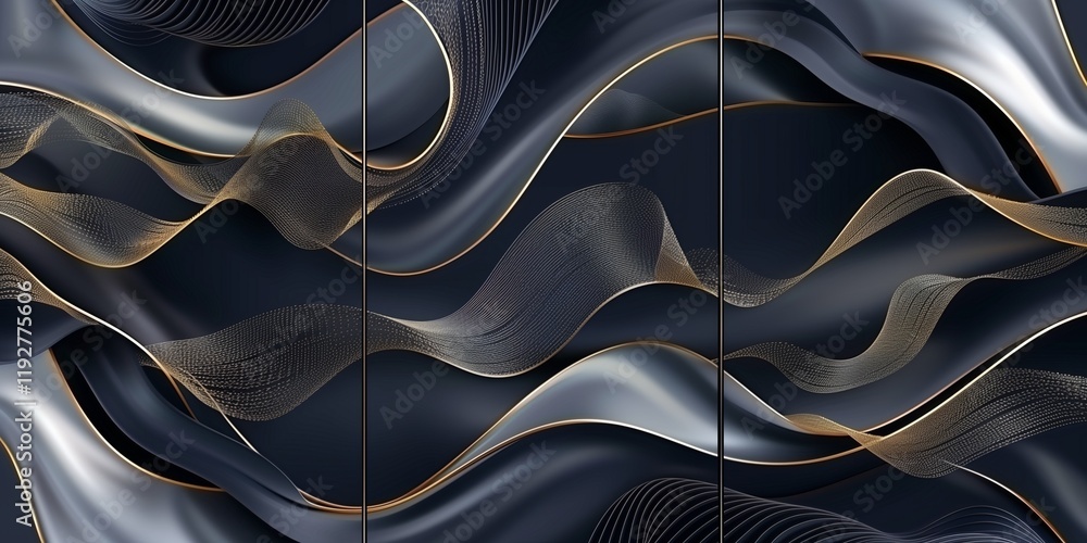 Poster dark gray background with flowing waves and golden lines, three panels, dark gray gradient, hyper-re