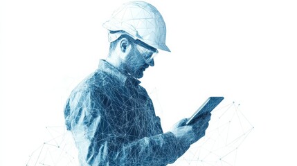 Abstract polygonal isolated engineer in technology style on a white background. Industry safety or architecture concept. Worker in white helmet holding tablet. Low poly wireframe vector illustration.