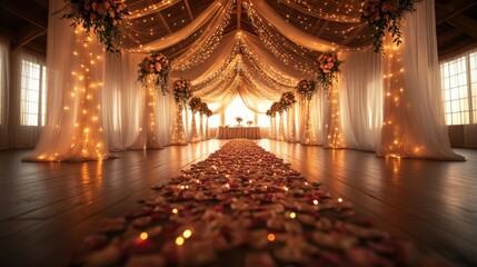 Obraz premium Elegant Wedding Aisle Adorned with Flowing Tulle and Fairy Lights