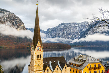 The Evangelical Church (Evangelische Kirche - Pfarrkirche) of Hallstatt, Austria is seen. This church has become Hallstatt symbol and is the most photographed structure. © Bulent