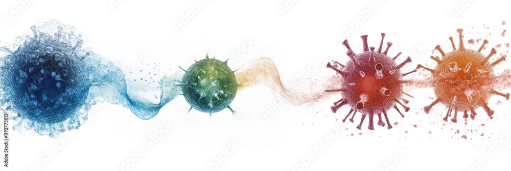 Poster Illustrated stages of virus lifecycle including penetration, replication, and spreading analyzed in scientific visualization. Generative AI