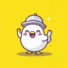 Happy Chick Restaurant Mascot Waving, Yellow Background, Food Service