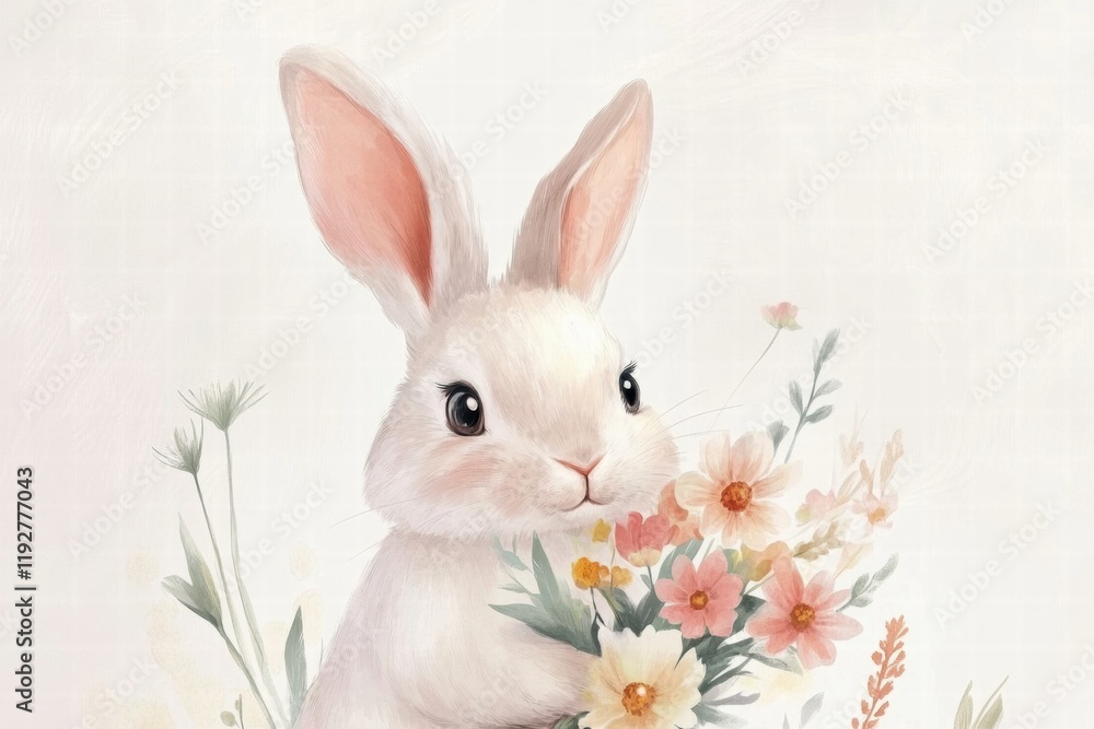 Poster cute rabbit holding a bouquet of flowers in a whimsical garden setting during springtime. generative