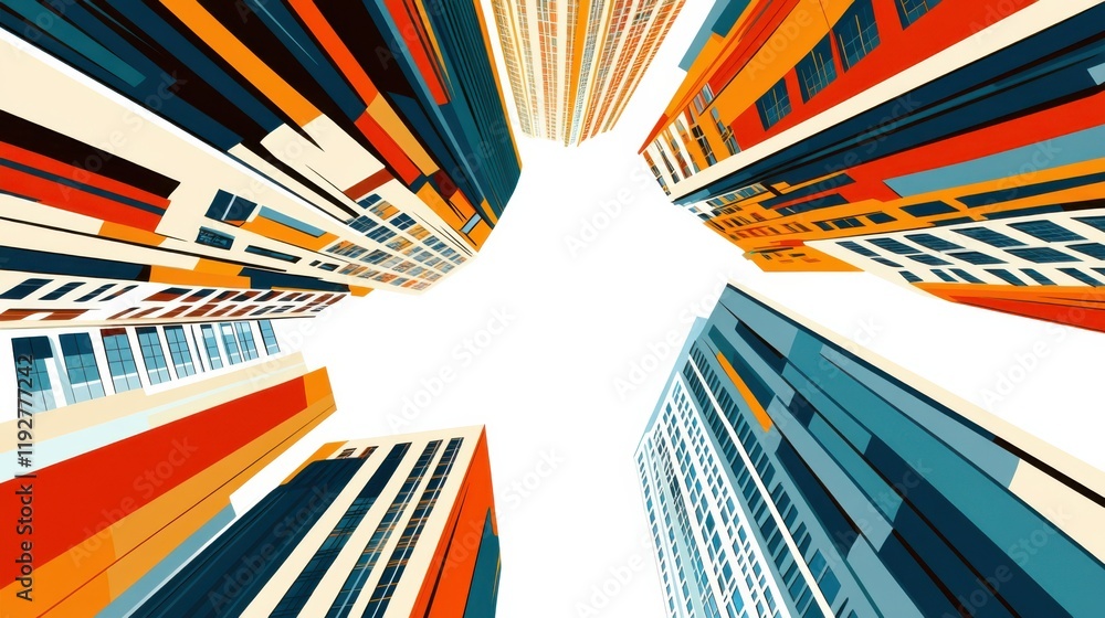 Poster abstract view of colorful skyscrapers reaching towards the sky in a modern urban landscape with bold