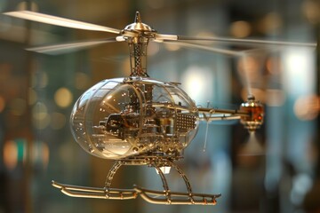 Miniature chrome and glass helicopter model with rotating blades is shown hovering in place