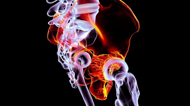 3D animation of a pelvic bone with an acetabular fracture, rotating 360 degrees in colorful X-ray style, with coxals in orange and other bones in purple, highlighting the fracture and pelvic anatomy.