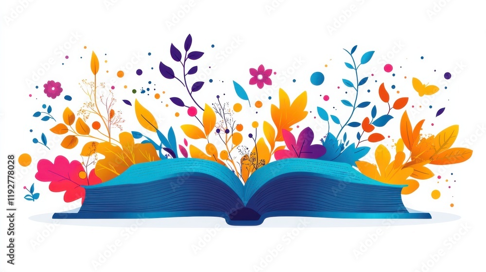 Poster vibrant open book with colorful flowers and leaves illustrating the joy of reading and knowledge in 