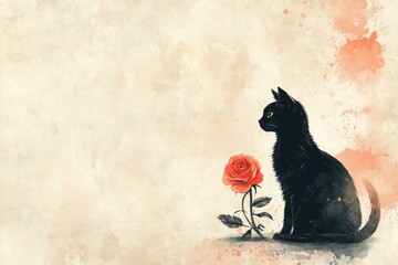 Black Cat Silhouette Beside a Single Red Rose with Artistic Background