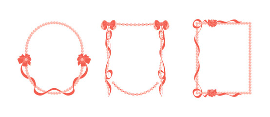 Naklejka premium Vintage hand drawn frames with bows and pearls. Bows and pearl beads. Elegant Coquette template for greeting cards, weddings, birthdays, invitations. Isolated white background. Copy space.