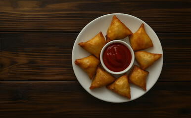 Samosa and Ketchup on a Plate at a Wooden Table, Delicious Snack Inspiration, and Food Photography Ideas. Generative AI