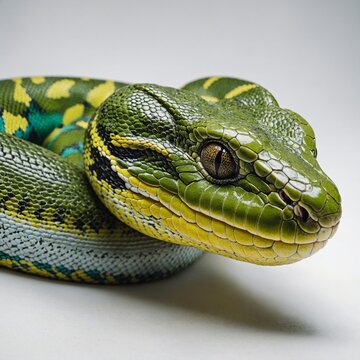 A stunning green tree python on a white background.

