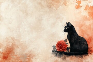 Black Cat Silhouette with Rose on Textured Artistic Background