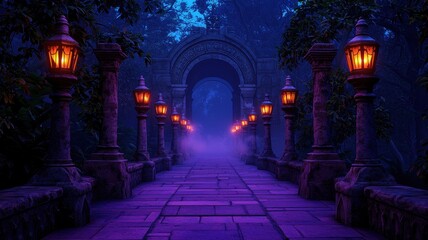 Mysterious Nighttime Archway Bridge Illuminated Pathway Stone Lanterns Fantasy Setting