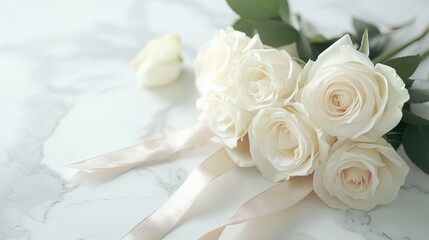 Obraz premium Elegantly arranged white roses with satin ribbons on marble surface