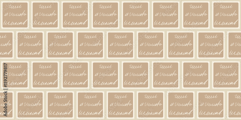 Poster scribble handwritten script text seamless pattern. unreadable letter square post stamps endless back