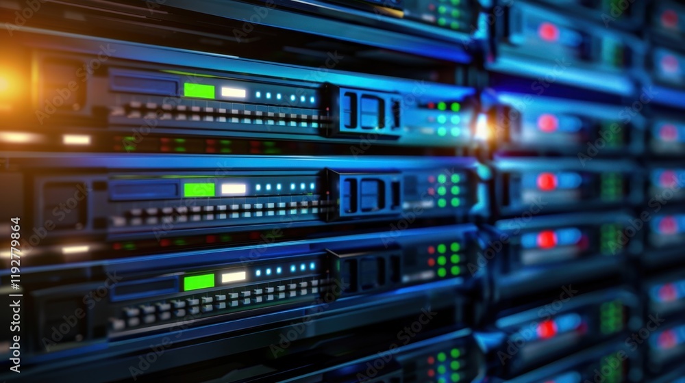 Poster high tech data center with server racks, illuminated control panels, and digital displays. environme