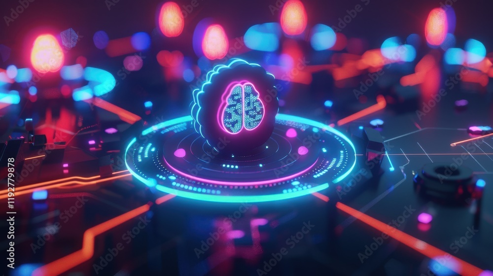 Poster futuristic digital brain with neon lights on circuit board, symbolizing technology and artificial in