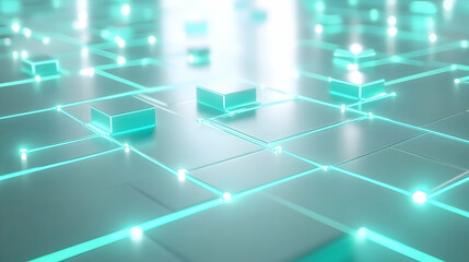 Fototapeta premium Workflow management concept illustrated by a glowing teal 3D flowchart with subtle gridlines and node connections