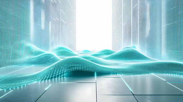 Workflow management concept illustrated by a glowing teal 3D flowchart with subtle gridlines and node connections