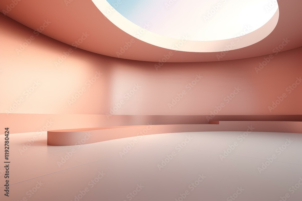 Poster minimalist pink showroom with round ceiling window illuminating podium for displaying products