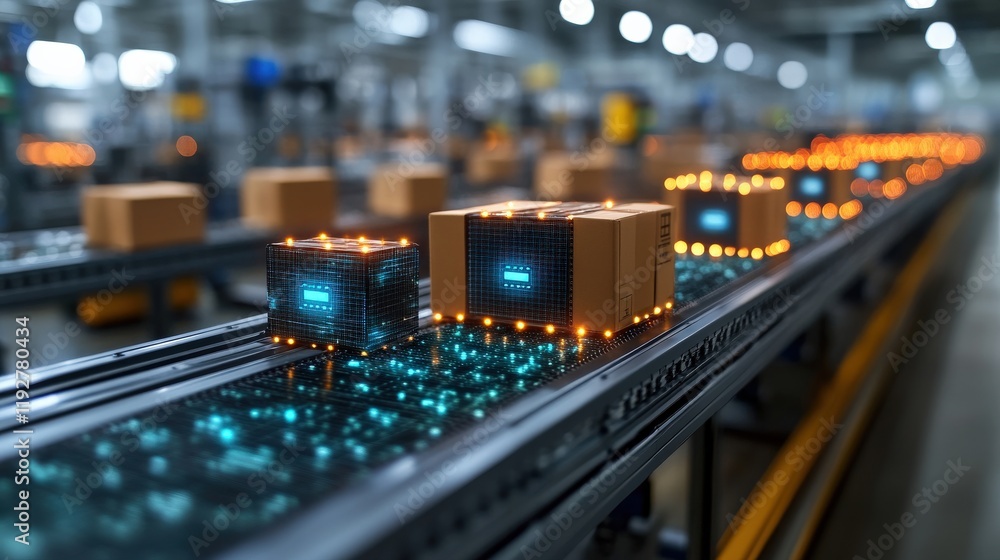 Poster high-tech automated conveyor system with glowing packages and futuristic lighting in modern warehous