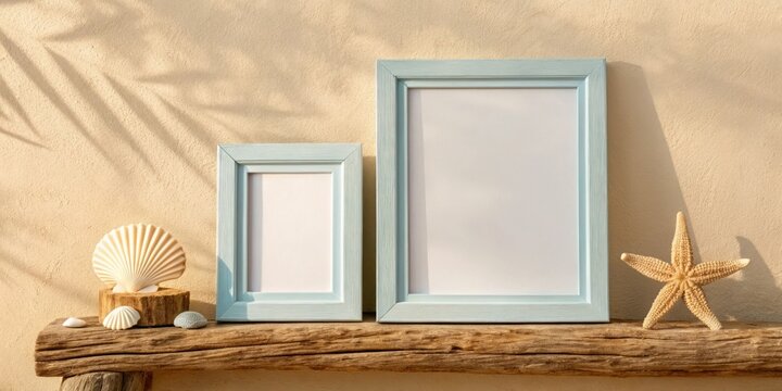 Collage frame mockup on shelf with coastal theme and decorative shells