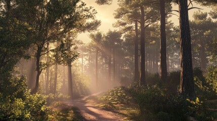 Obraz premium Sunlit Path Through Misty Forest: A Digital Painting of Tranquil Nature