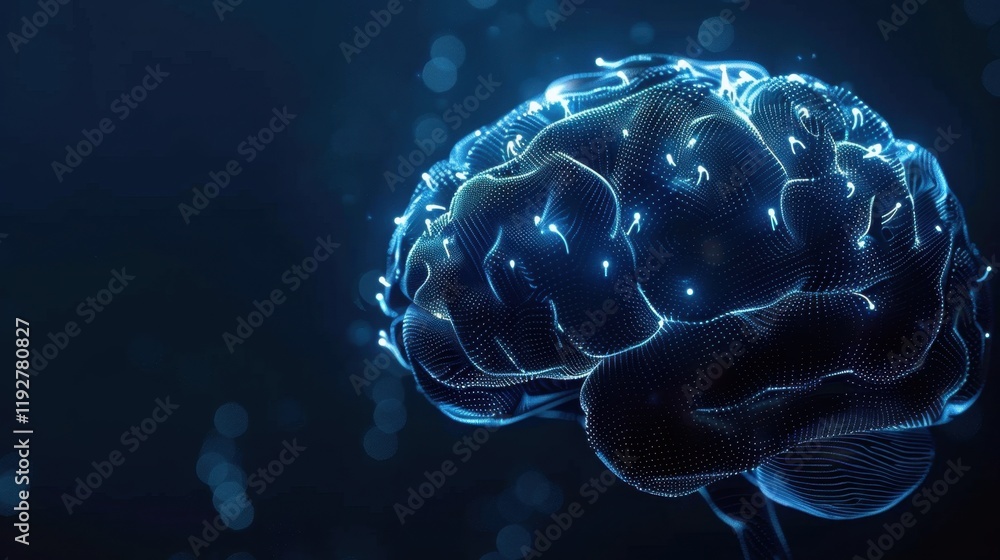 Poster digital representation of brain with glowing lines and dots, symbolizing neural connections and tech