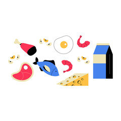 Protein Rich Foods Including Meat, Fish, Cheese, Eggs, And Milk In Flat Vector Illustration Symbolizing Healthy Diet And Nutritional Balance, Isolated On White Background.