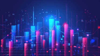 Fototapeta premium Futuristic city skyline with glowing data visualizations and graphs, showcasing technology and innovation in vibrant blue and pink color scheme