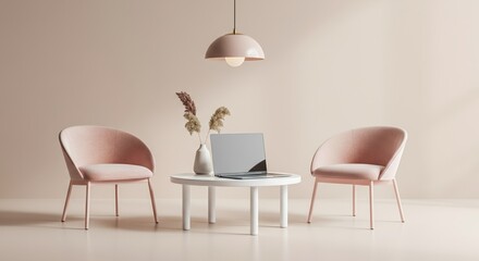 Modern pink chairs and a stylish table create a cozy living space