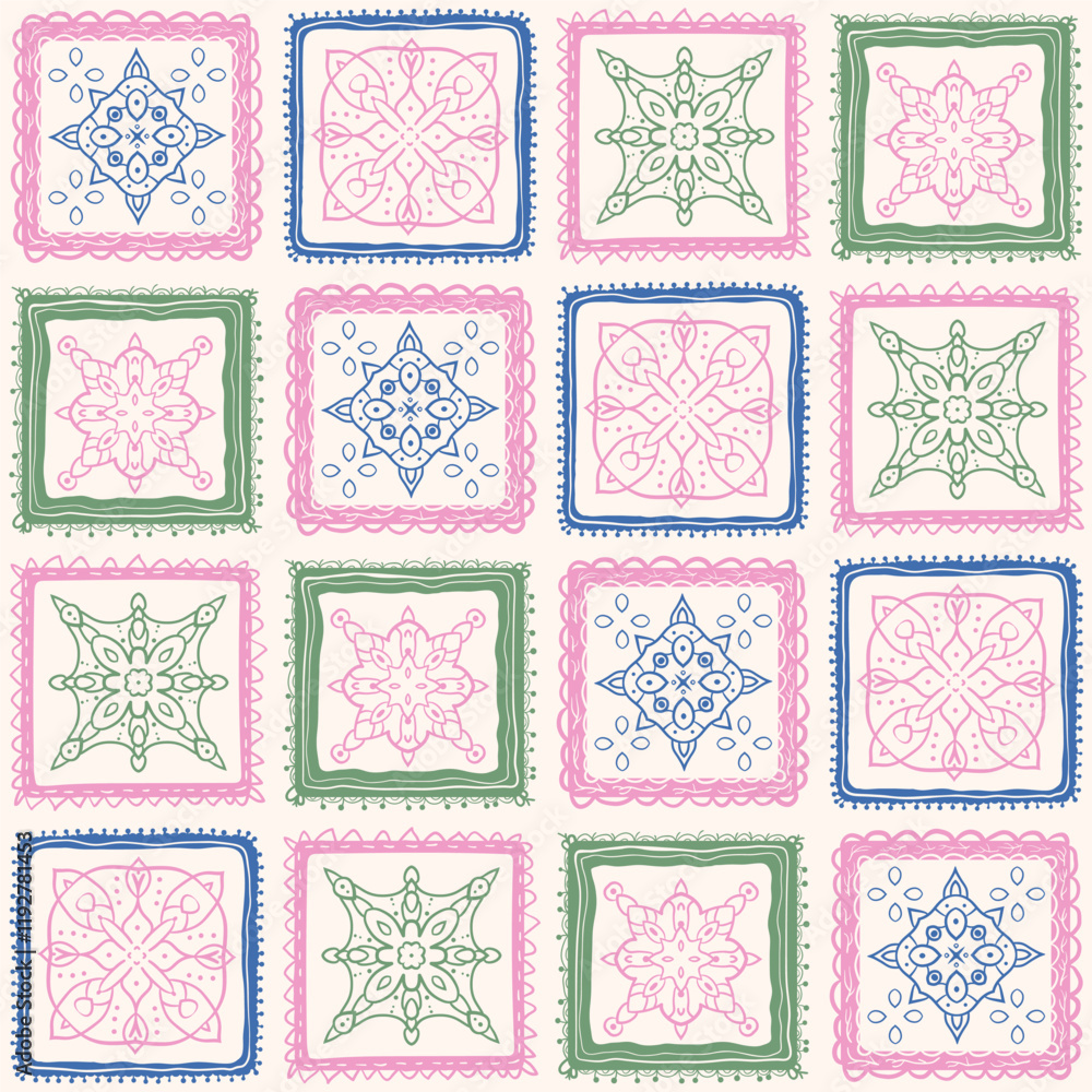 Poster backsplash preppy seamless pattern with abstract ornament. geometric scribble endless background. ti