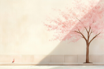 Obraz premium minimalist spring scene with cherry blossom tree casting shadow on concrete wall