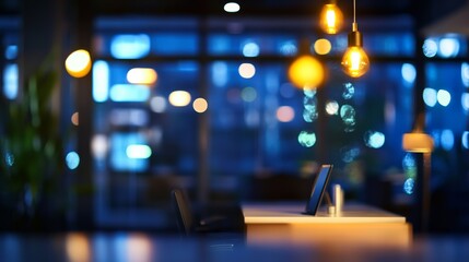 Fototapeta premium at night beautiful Abstract blurred office interior room. blurry working space with defocused effect