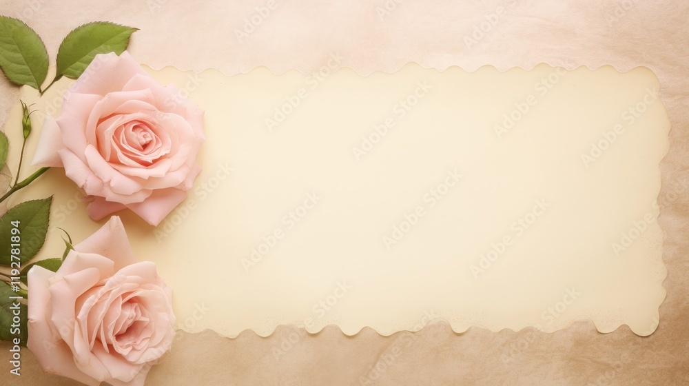 Poster delicate pink roses on soft textured background with blank space for text or design elements