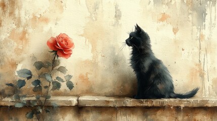 Black Cat Staring at a Blooming Rose on a Textured Background