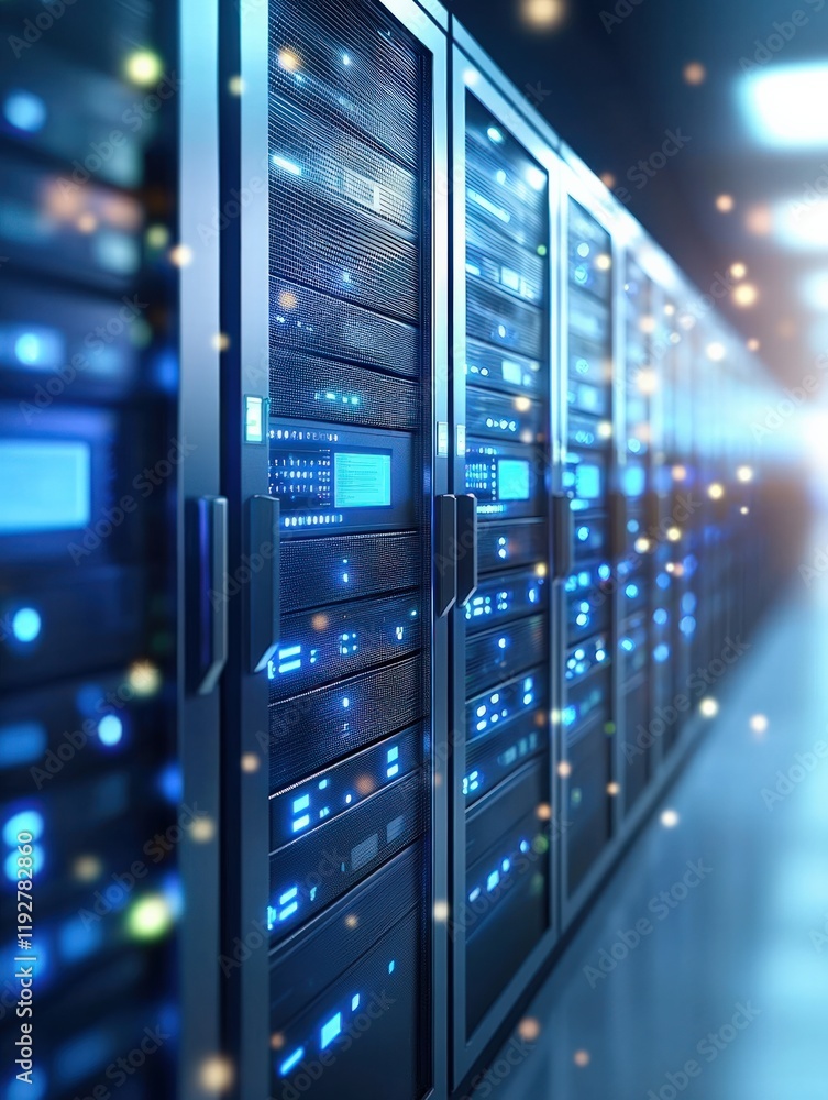 Poster a futuristic data center with rows of server racks illuminated by blue lights, conveying a sense of 