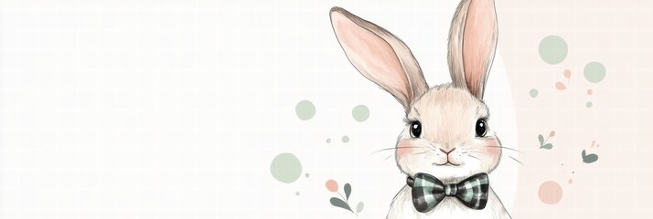 Cute rabbit wearing a bow tie stands against a soft pastel background with playful circles and dots. Generative AI
