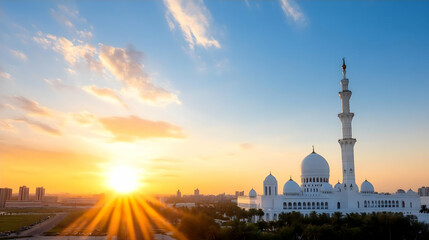 Obraz premium Sunrise over Abu Dhabi's Grand Mosque, showcasing its architectural splendor against a vibrant sky, with a cityscape in the background; ideal for travel, tourism, and religious publications