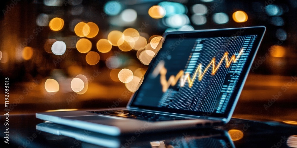 Poster a laptop displaying a financial graph with glowing lights in the background, symbolizing data analys