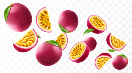 Flying ripe passion fruit. Bright advertising background falling juicy passion fruit, realistic illustration with blurred effect. 3d vector design for advertising banners and web page design