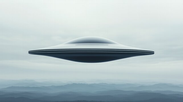 A sleek, metallic UFO hovers over a misty landscape, evoking curiosity about extraterrestrial life and advanced technology.