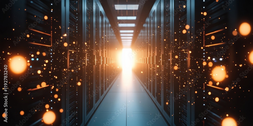 Poster a high-tech server room illuminated by a bright light at the end of the hallway, surrounded by float